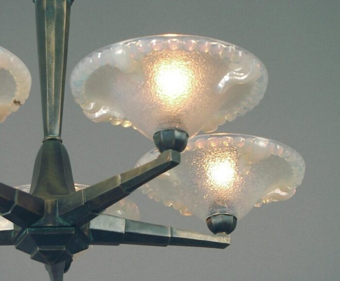 1920s five light bronze art deco lighting fixture chandelier with opalescent shades 2078