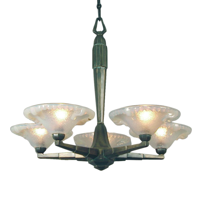 1920s five light bronze art deco lighting fixture chandelier with opalescent shades 5007