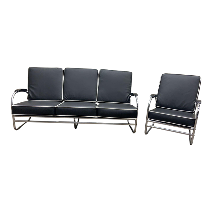 1930s art deco chrome tubular sofa and lounge chair set in black leather by kem weber 3125