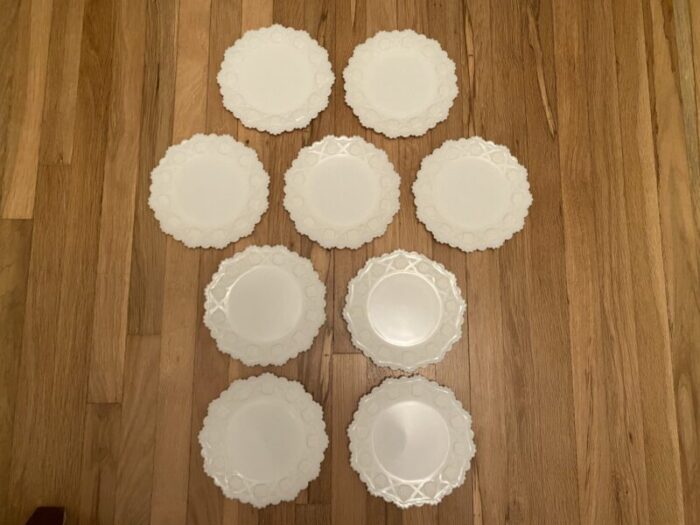 1930s milkglass westmorland old quilt pattern plates set of 9 0430