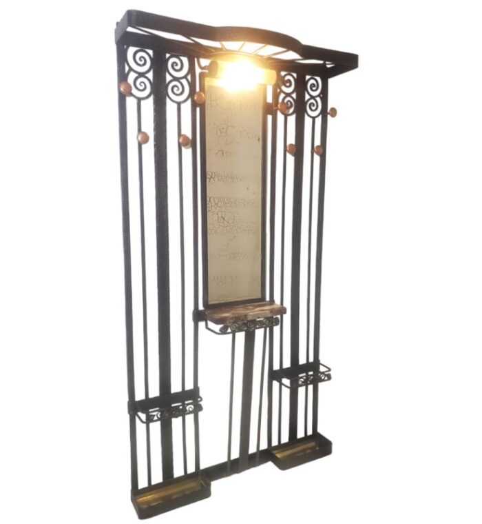 1930s silvery steel hammered iron illuminated art deco hall treecoat rack with console 0095