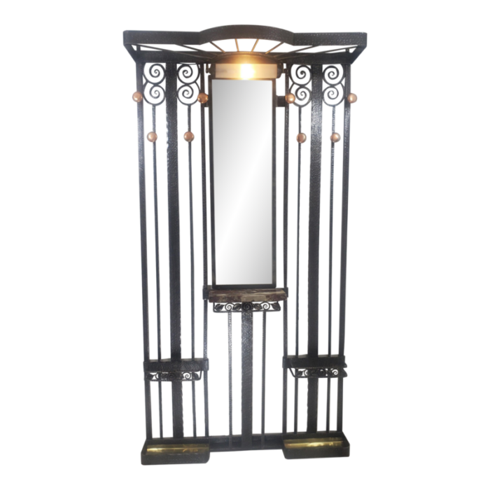 1930s silvery steel hammered iron illuminated art deco hall treecoat rack with console 9496