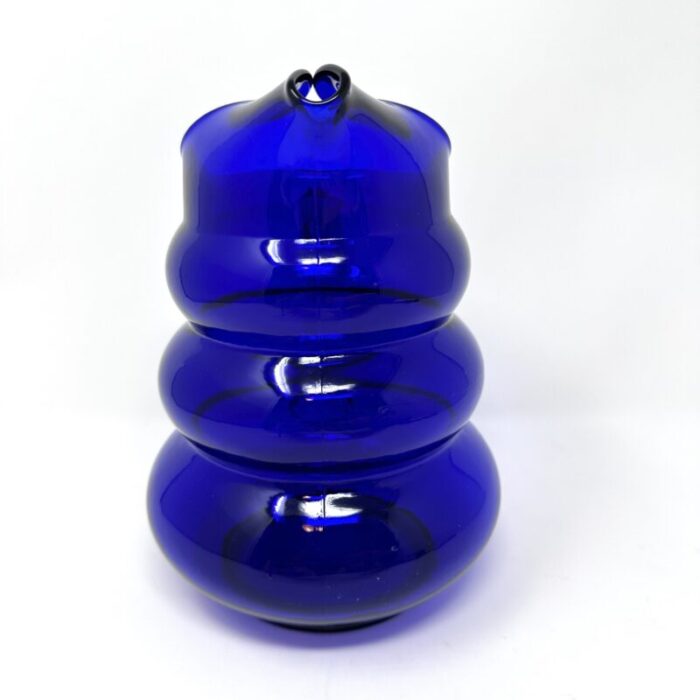 1930s vintage louie glass harpo cobalt blue pitcher with bubble beehive design and ribbed handle 1136