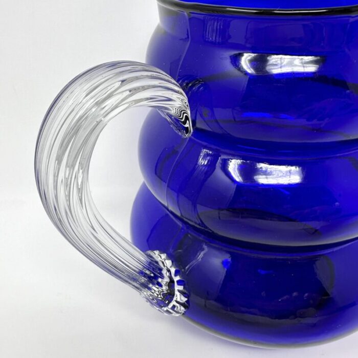 1930s vintage louie glass harpo cobalt blue pitcher with bubble beehive design and ribbed handle 2751