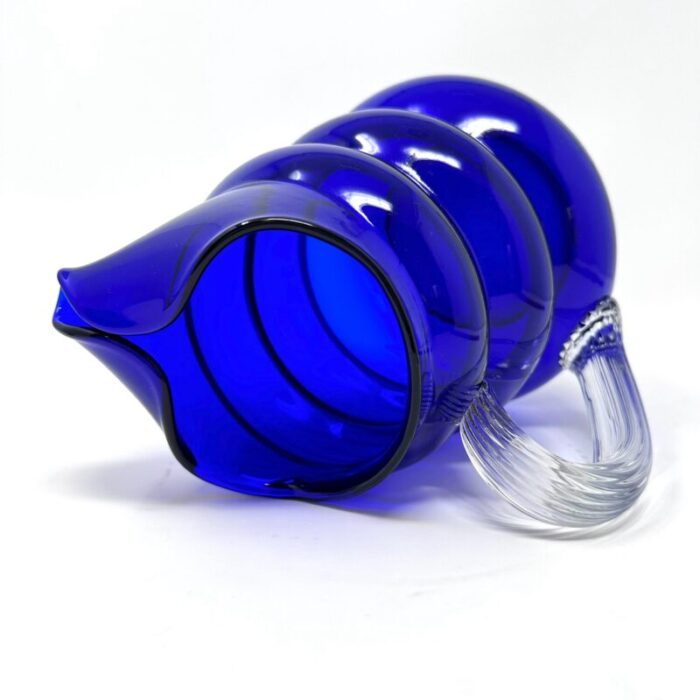 1930s vintage louie glass harpo cobalt blue pitcher with bubble beehive design and ribbed handle 3464