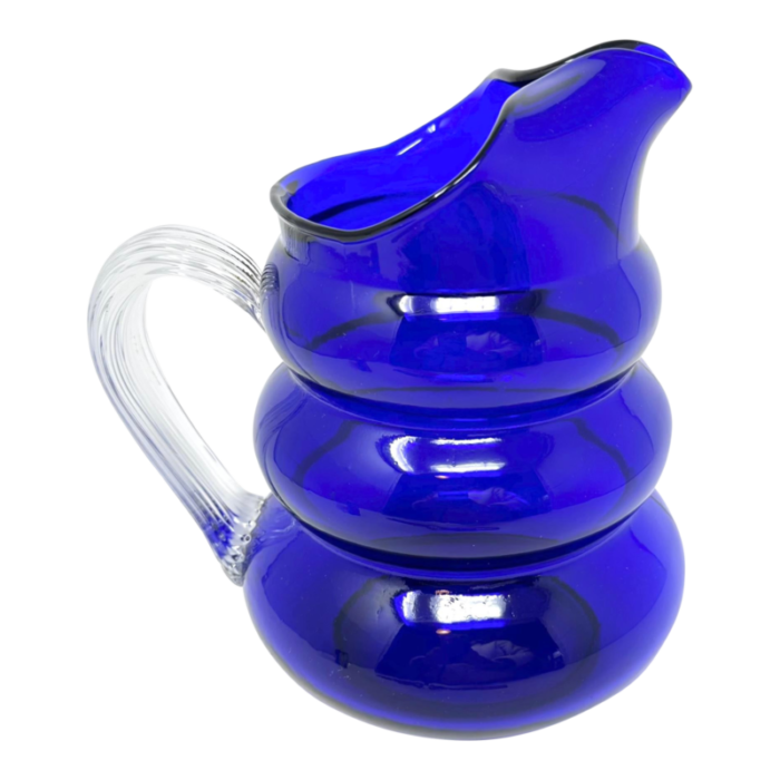 1930s vintage louie glass harpo cobalt blue pitcher with bubble beehive design and ribbed handle 3570