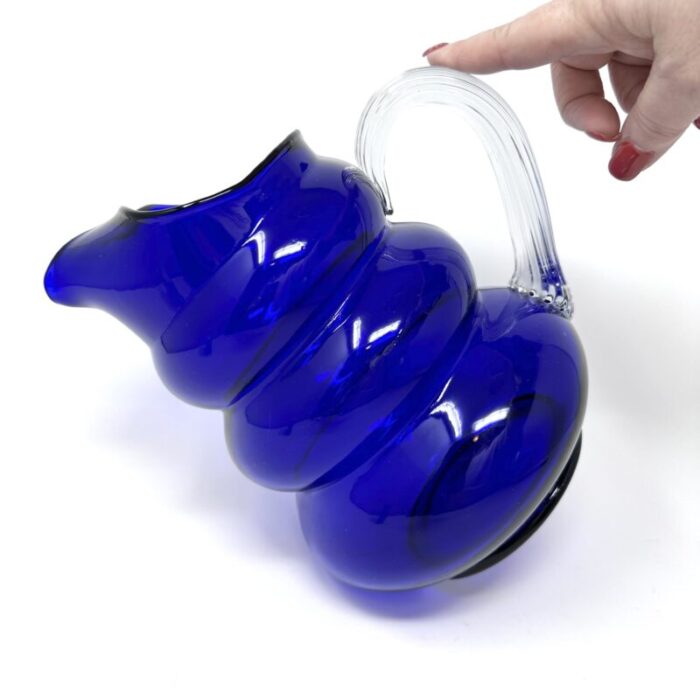 1930s vintage louie glass harpo cobalt blue pitcher with bubble beehive design and ribbed handle 5026