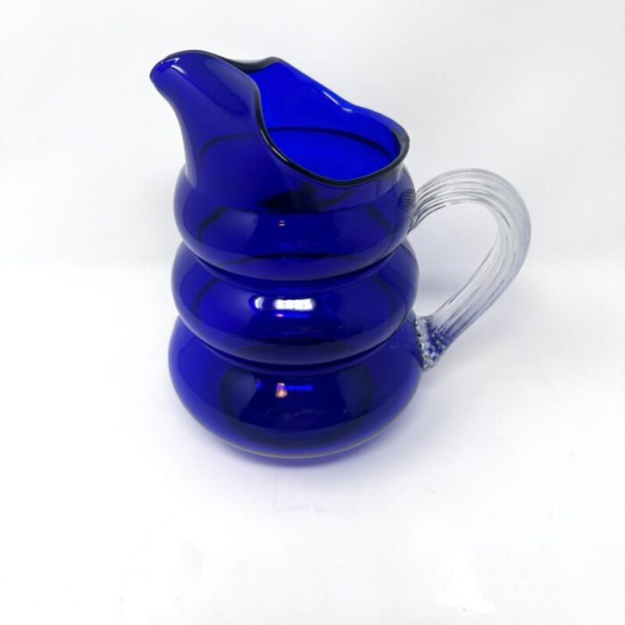 1930s vintage louie glass harpo cobalt blue pitcher with bubble beehive design and ribbed handle 5195