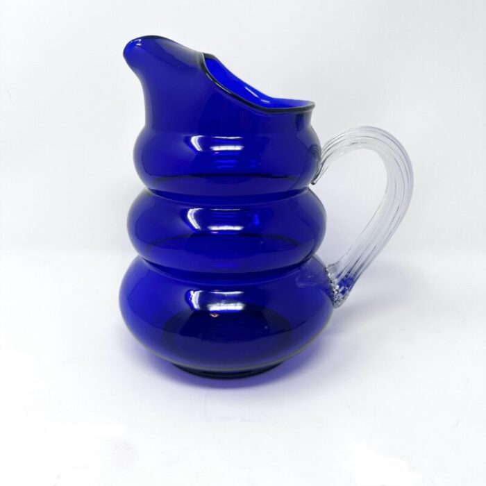 1930s vintage louie glass harpo cobalt blue pitcher with bubble beehive design and ribbed handle 5372