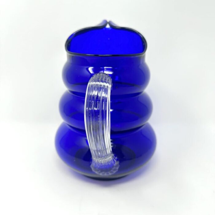 1930s vintage louie glass harpo cobalt blue pitcher with bubble beehive design and ribbed handle 7324