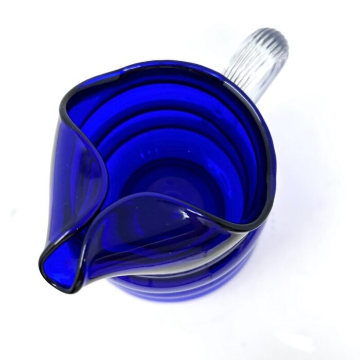 1930s vintage louie glass harpo cobalt blue pitcher with bubble beehive design and ribbed handle 8513