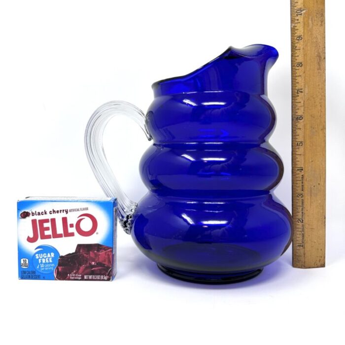 1930s vintage louie glass harpo cobalt blue pitcher with bubble beehive design and ribbed handle 9029