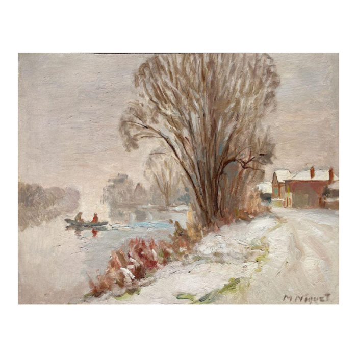 1935 marcel niquet bord de seine sous la neige oil on board 3585