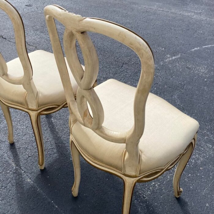 1940s pair of vintage french provincial ribbon back painted side chairs in champagne silk 1224