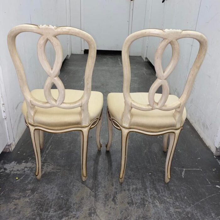 1940s pair of vintage french provincial ribbon back painted side chairs in champagne silk 2717