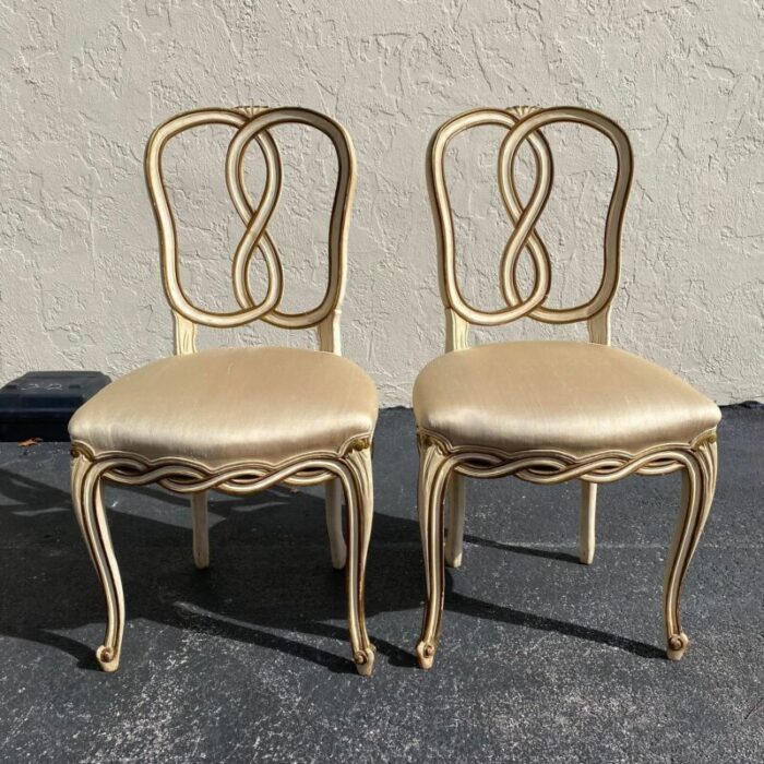 1940s pair of vintage french provincial ribbon back painted side chairs in champagne silk 4239