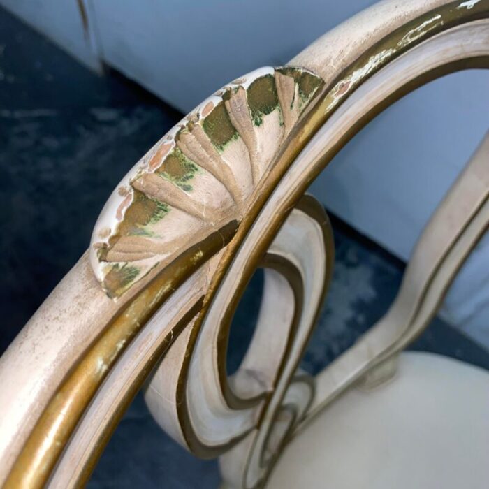 1940s pair of vintage french provincial ribbon back painted side chairs in champagne silk 5970