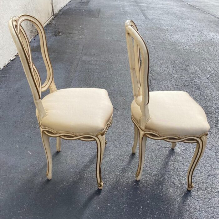 1940s pair of vintage french provincial ribbon back painted side chairs in champagne silk 7739