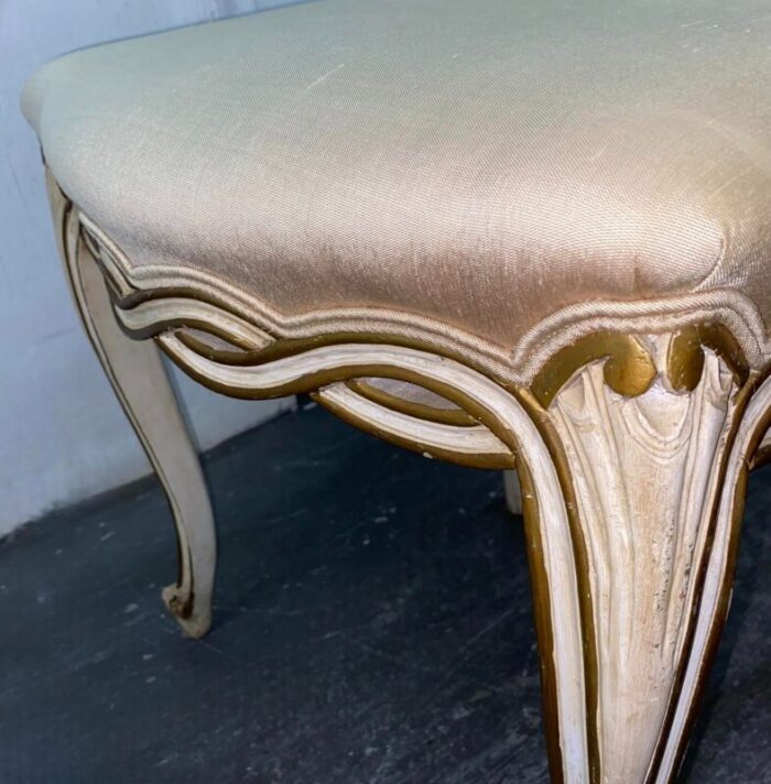 1940s pair of vintage french provincial ribbon back painted side chairs in champagne silk 9646