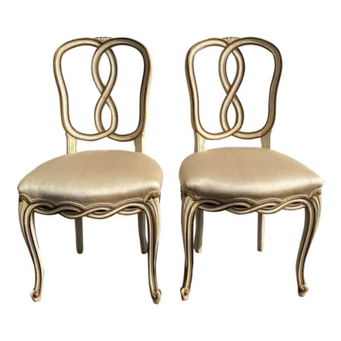 1940s pair of vintage french provincial ribbon back painted side chairs in champagne silk 9932