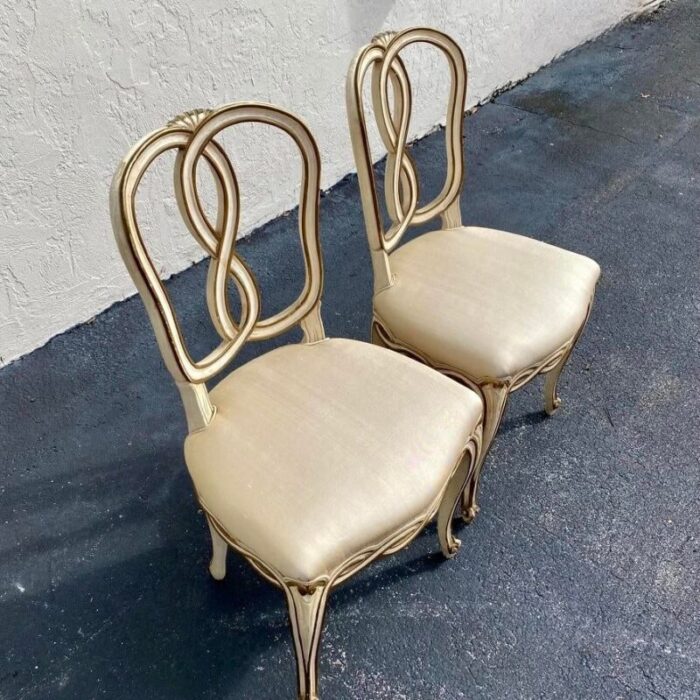 1940s pair of vintage french provincial ribbon back painted side chairs in champagne silk 9946