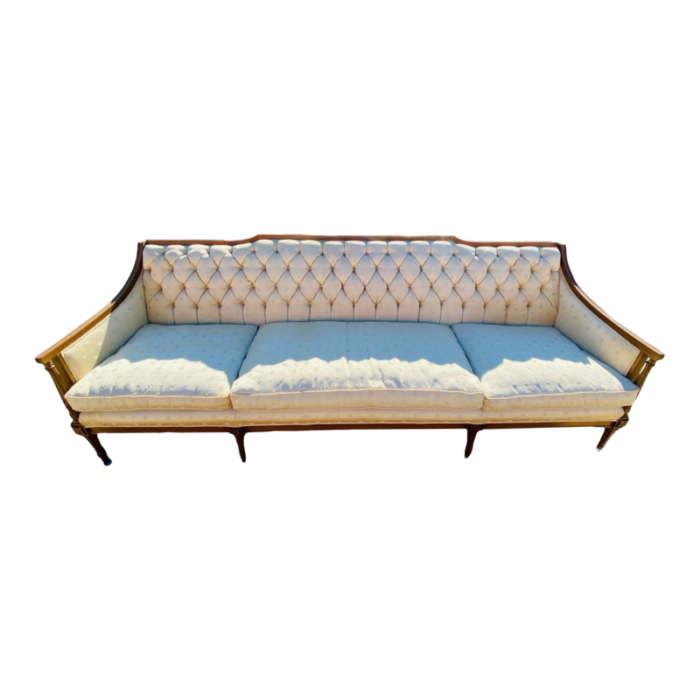 1950s french provincial brocade tufted sofa with a carved wood frame 1846