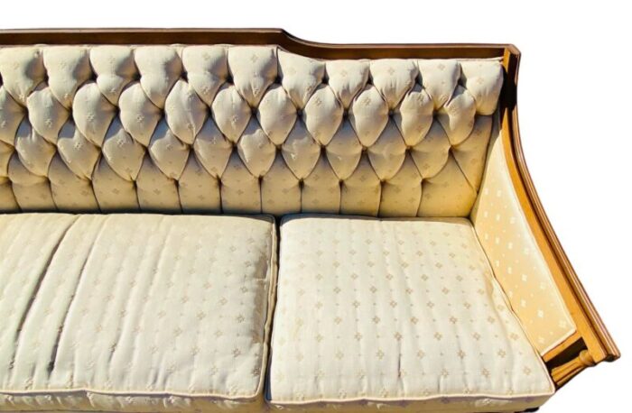 1950s french provincial brocade tufted sofa with a carved wood frame 4588