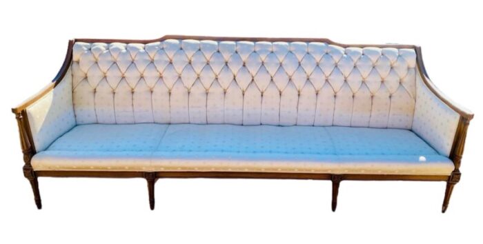 1950s french provincial brocade tufted sofa with a carved wood frame 4847