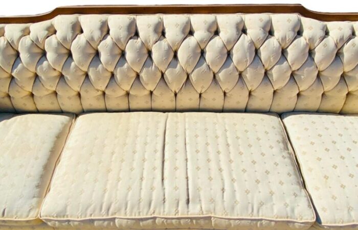 1950s french provincial brocade tufted sofa with a carved wood frame 6421