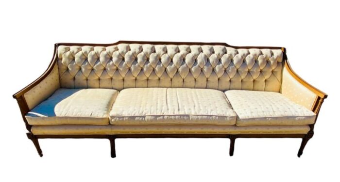 1950s french provincial brocade tufted sofa with a carved wood frame 8692