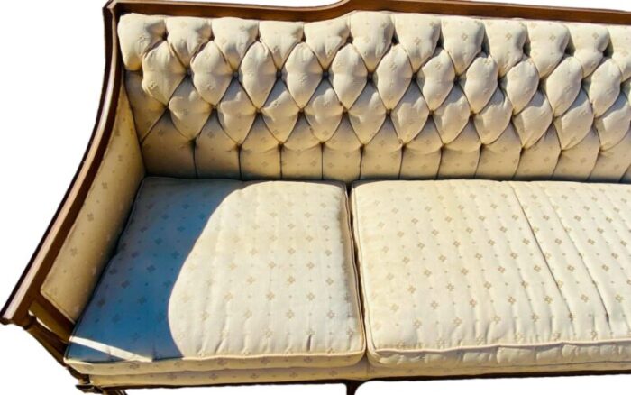 1950s french provincial brocade tufted sofa with a carved wood frame 9024