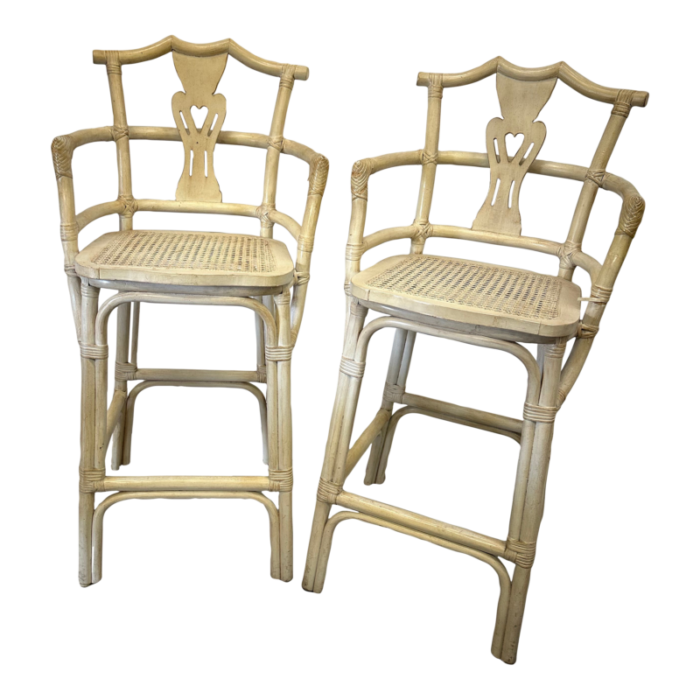 1950s pair of vintage rattan and faux bamboo chinoiserie counter stools 9748