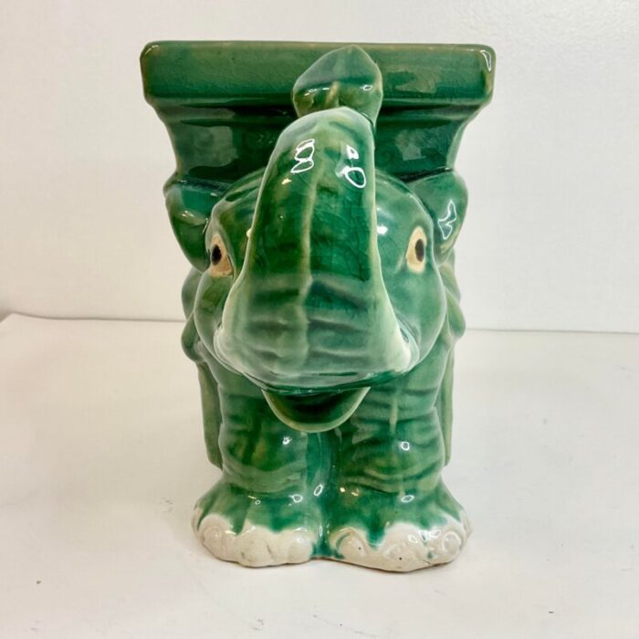 1950s vintage chinoiserie majolica green elephant planter 1497