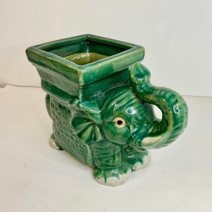 1950s vintage chinoiserie majolica green elephant planter 8685