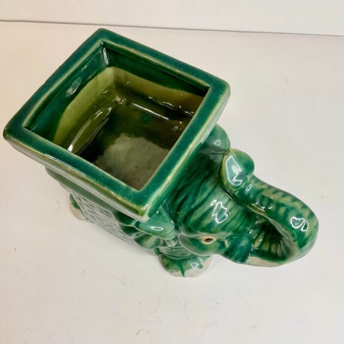 1950s vintage chinoiserie majolica green elephant planter 9444