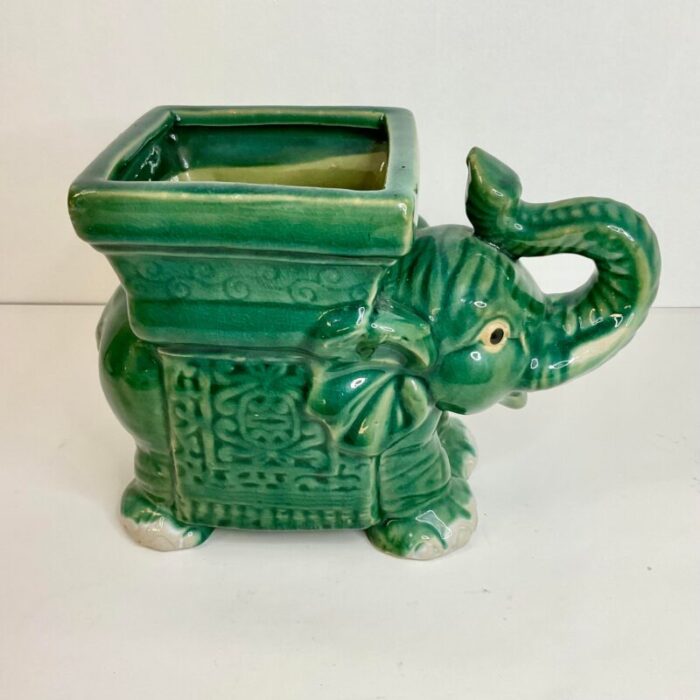 1950s vintage chinoiserie majolica green elephant planter 9657