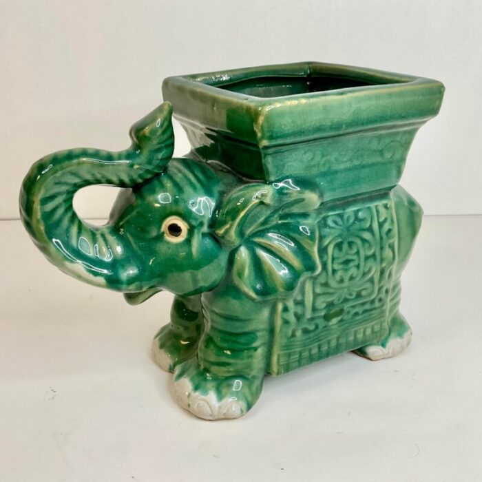 1950s vintage chinoiserie majolica green elephant planter 9840