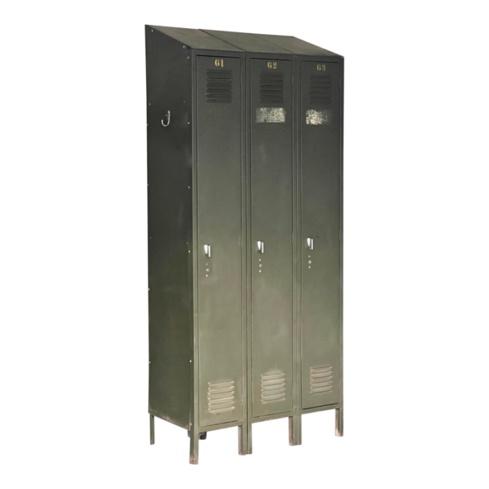 1950s vintage industrial steel three door locker with shelves and slope top by lyon 7945