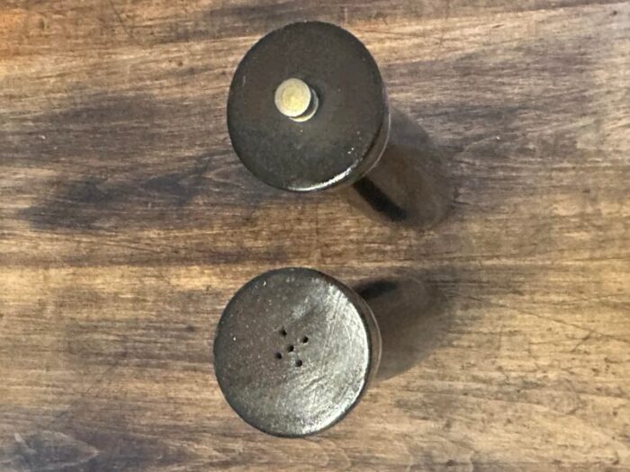 1950s vintage pair of tall danish modern solid walnut salt and pepper shakers 2748