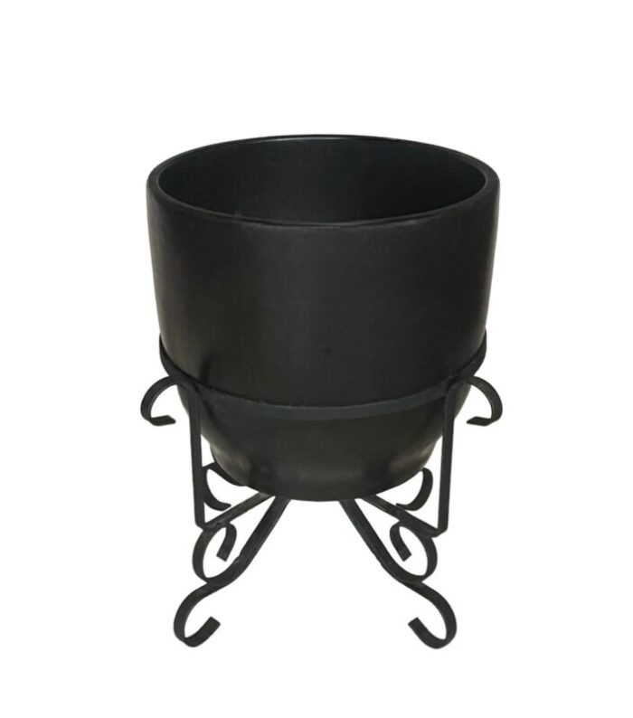 1960s satin black planter in iron stand by gainey ceramics 1375