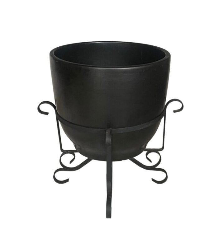 1960s satin black planter in iron stand by gainey ceramics 9496