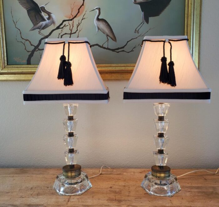 1960s vintage underwriters laboratories inc etched crystal brass and tassel table lamps a pair 8594