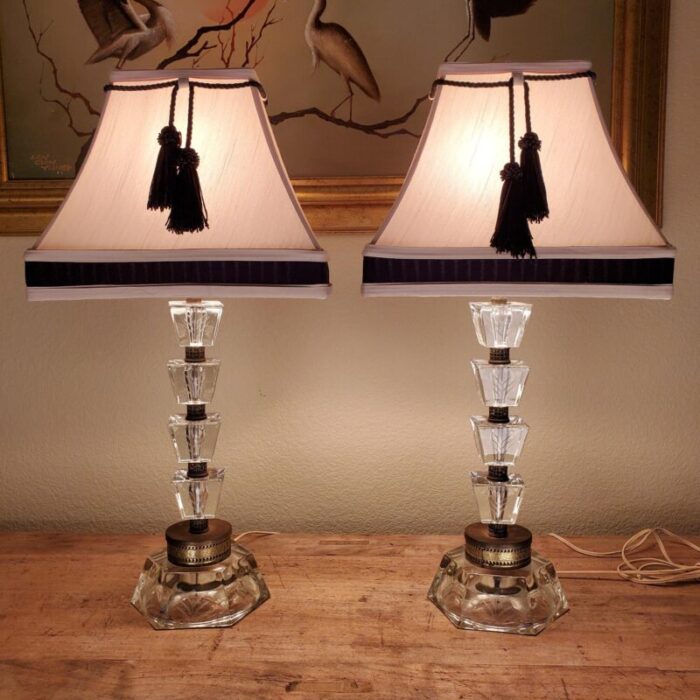 1960s vintage underwriters laboratories inc etched crystal brass and tassel table lamps a pair 9497