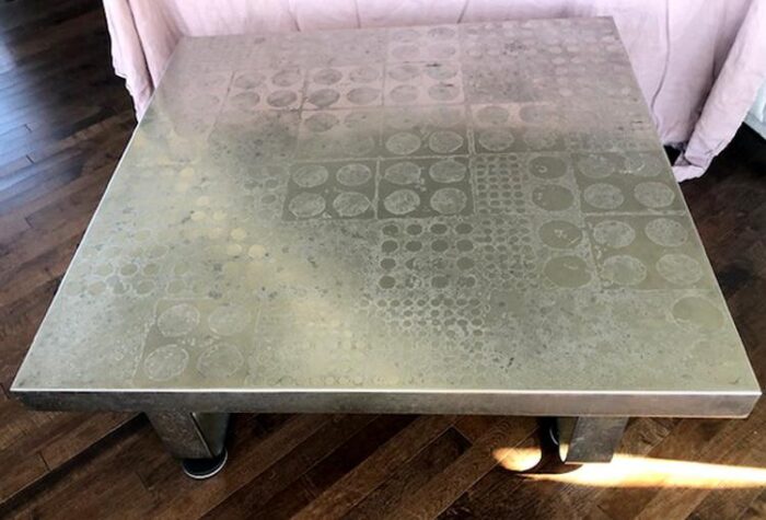 1970s brutalist etched steel coffee table possibly heinz lilienthal 5832