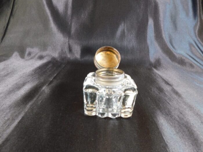 1970s glass inkwell with metal lid 0894