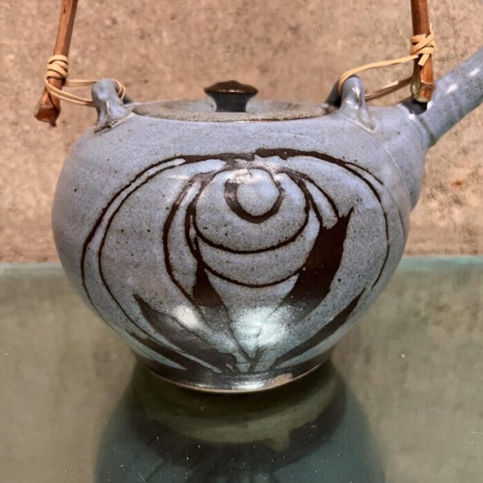 1970s handcrafted small blue tea pot studio pottery art 7788