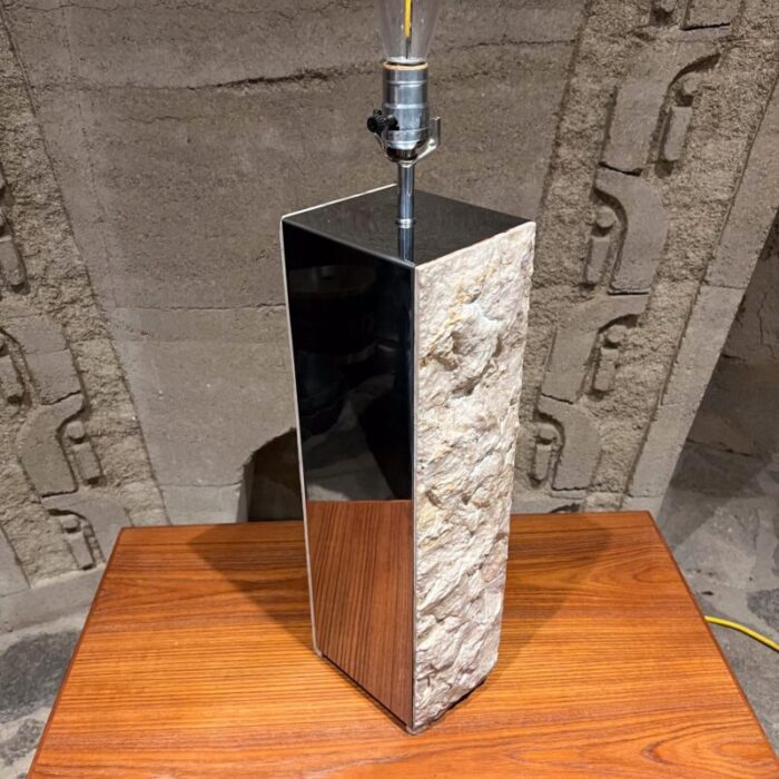 1970s italian table lamp raw edge travertine and stainless steel 0115