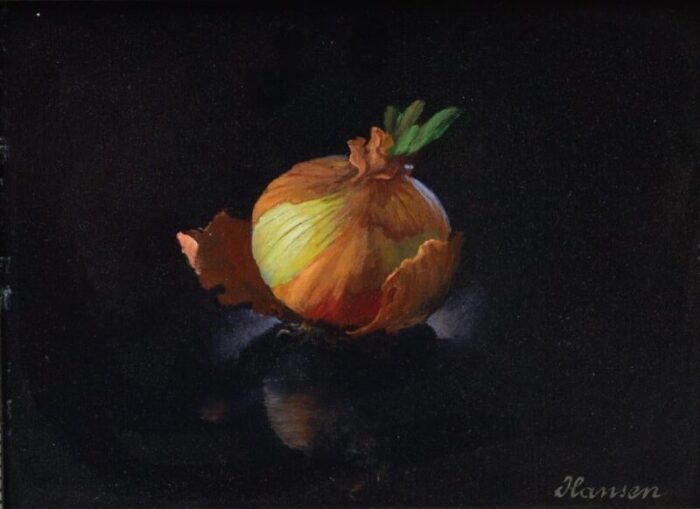 1970s josef hansen silhavy 20th century still life of an onion 6x8 oil on masonite 3334