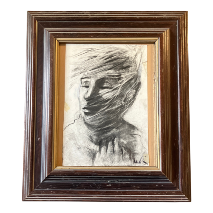 1970s mid century modern abstract male portrait charcoal drawing framed 2991