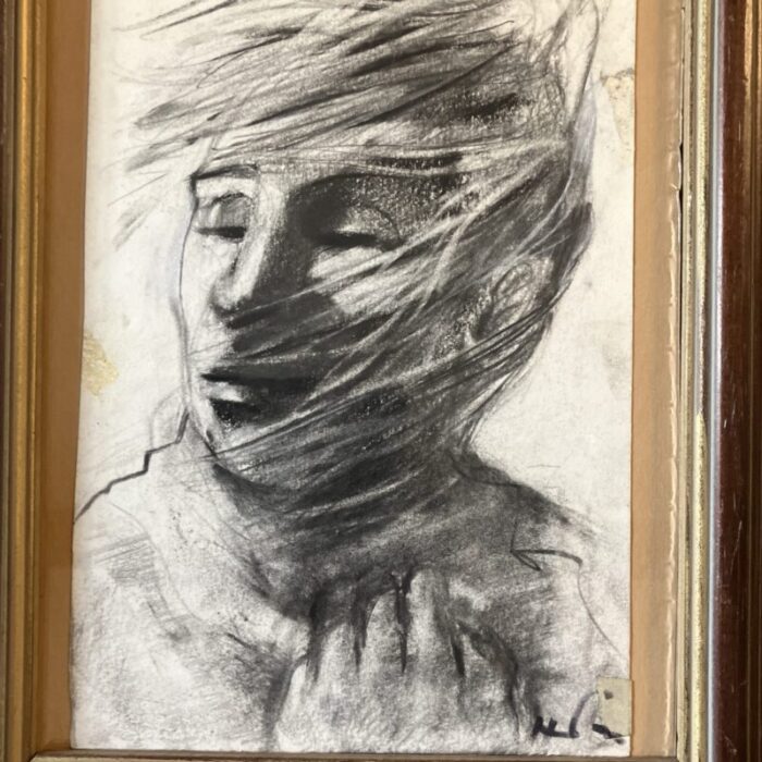 1970s mid century modern abstract male portrait charcoal drawing framed 6303